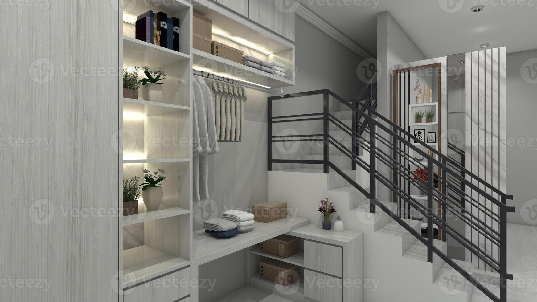 Modern Wardrobe Stairs Storage Compartment and Wall Panel Partition Design, 3D Illustration photo