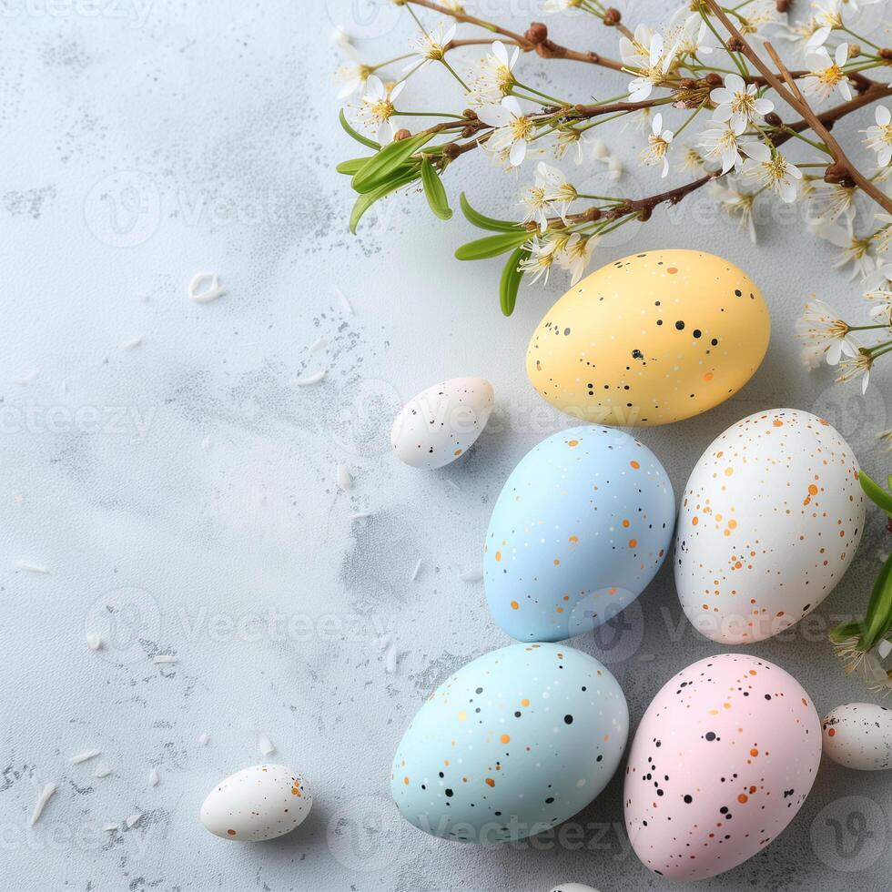AI generated Happy Easter. Congratulatory easter background. Easter eggs and flowers on blue. photo