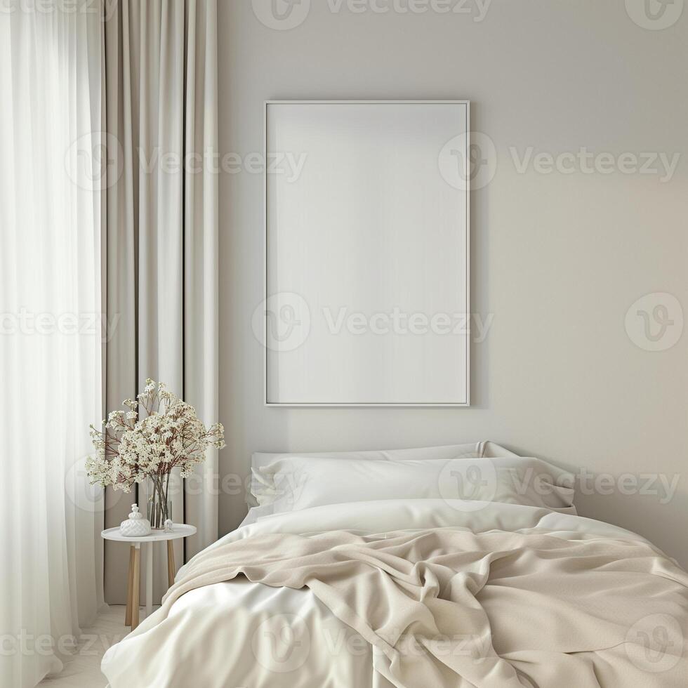 AI generated Frames mockup with picture space in the bedroom. Templates for decorating a room. Minimalist interior in rustic or boho style, photo