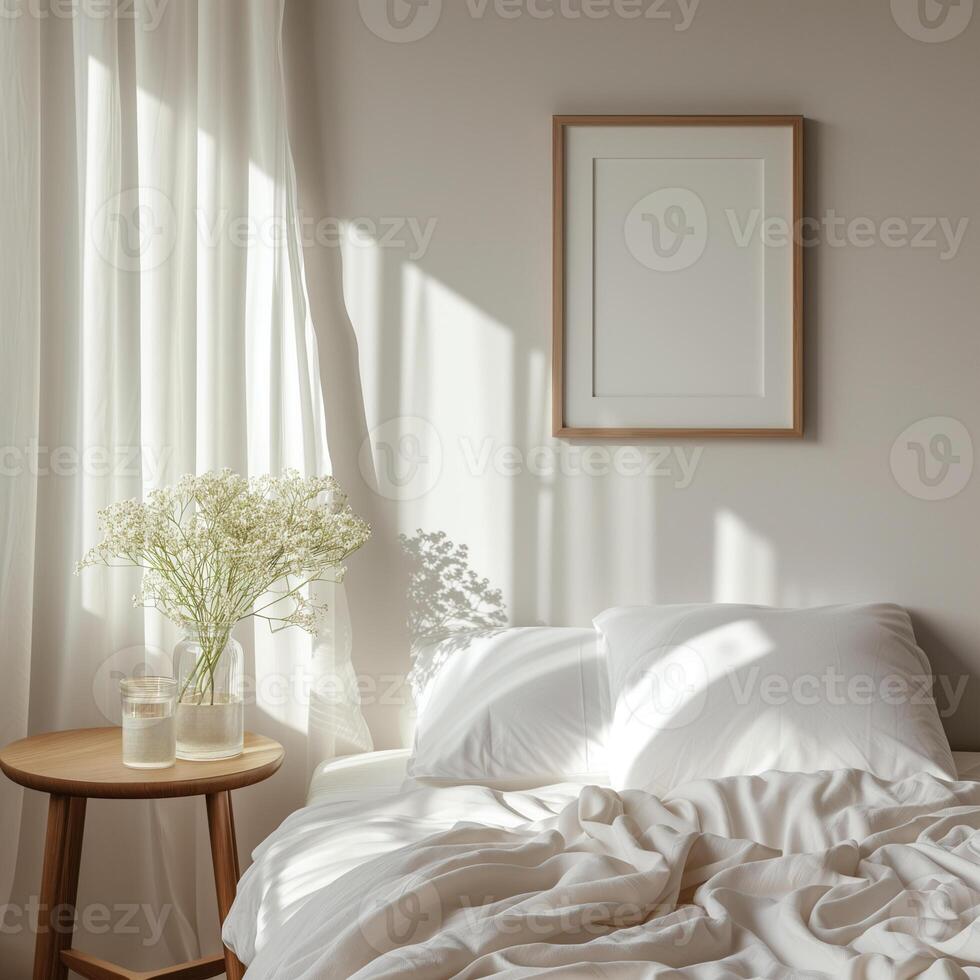 AI generated Frames mockup with picture space in the bedroom. Templates for decorating a room. Minimalist interior in rustic or boho style, photo