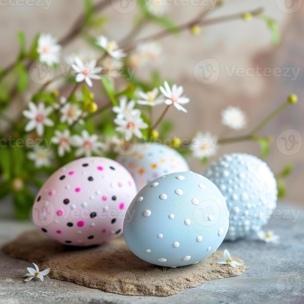 AI generated Happy Easter. Congratulatory easter background. Easter eggs and flowers. photo