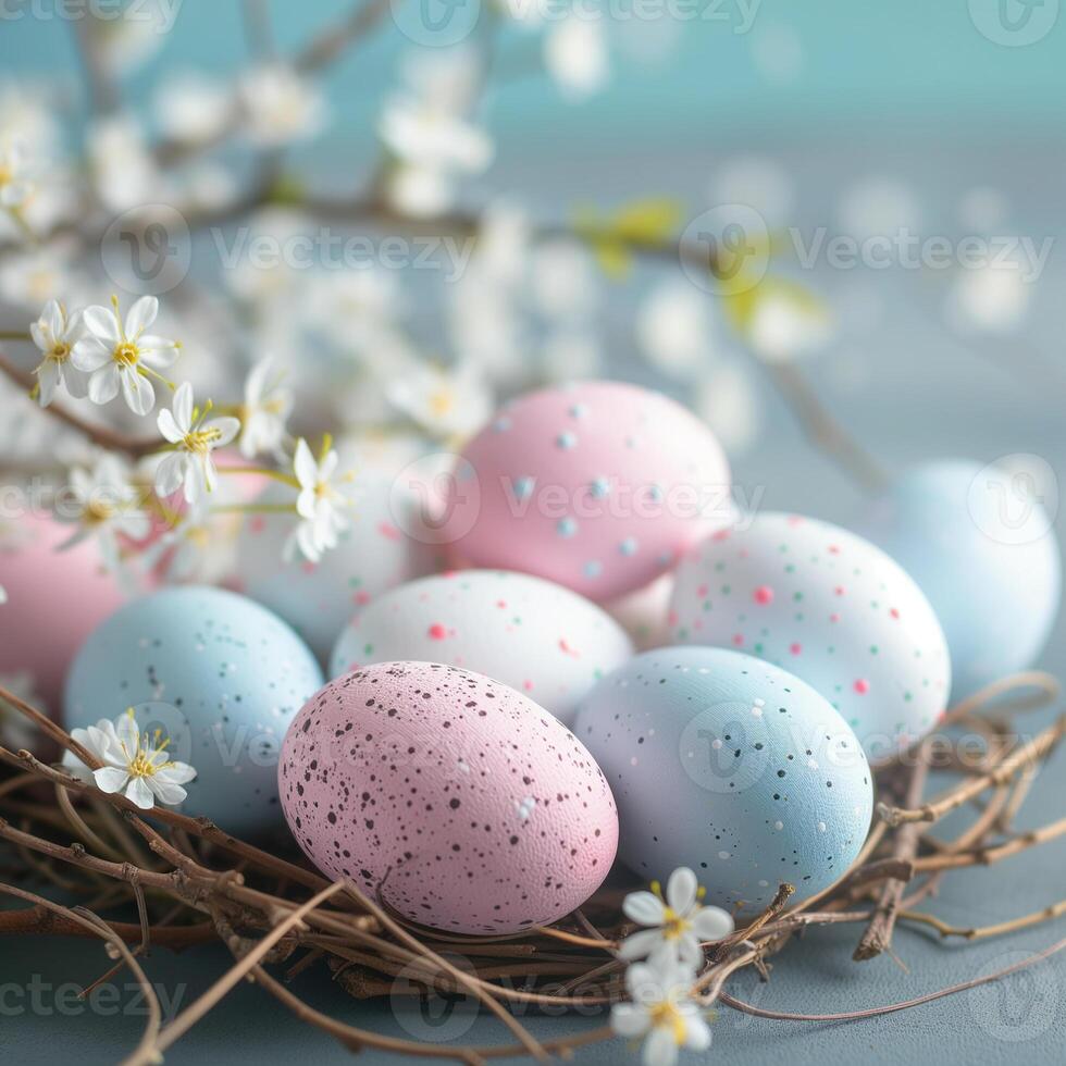 AI generated Happy Easter. Congratulatory easter background. Easter eggs and flowers on blue. photo