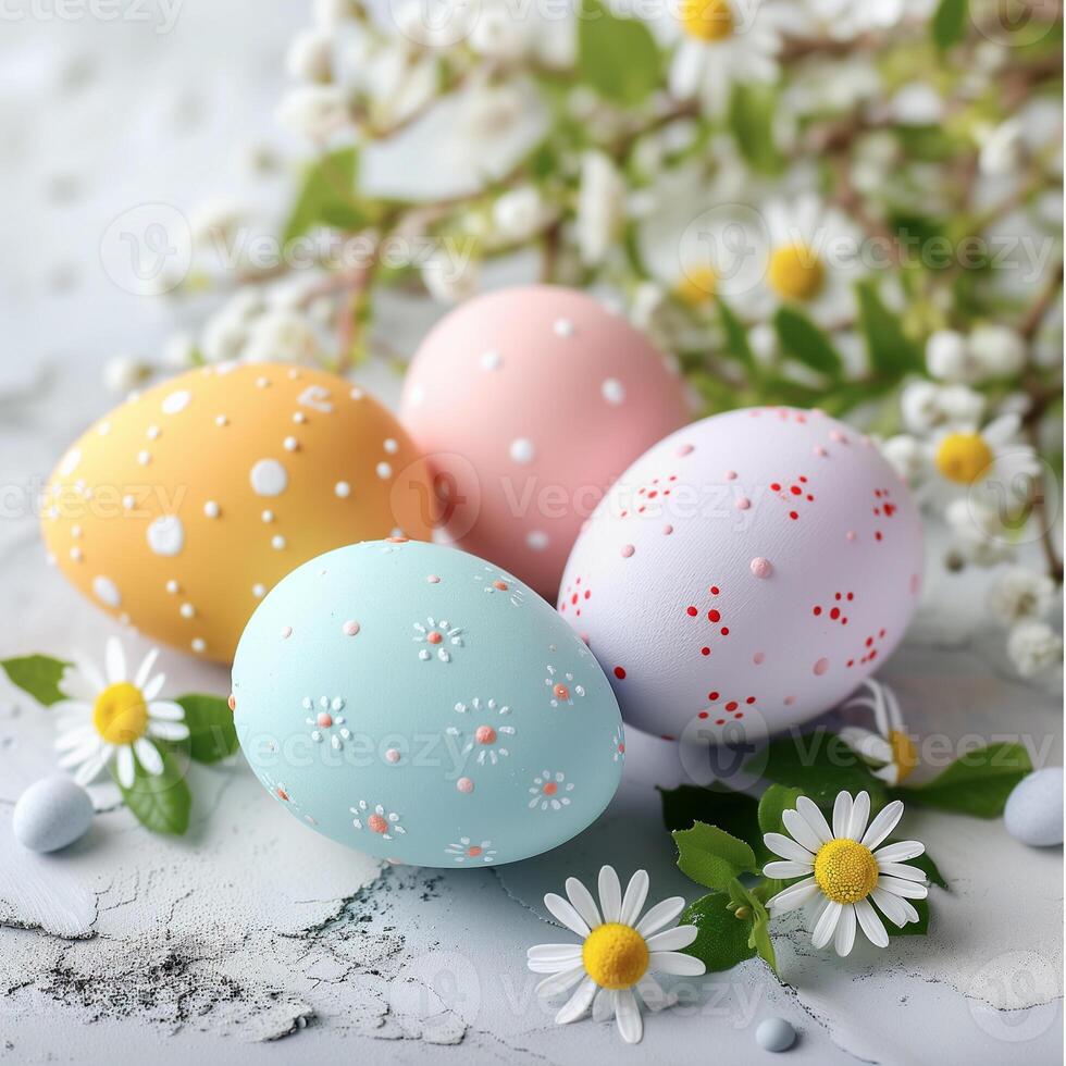 AI generated Happy Easter. Congratulatory easter background. Easter eggs and flowers. photo