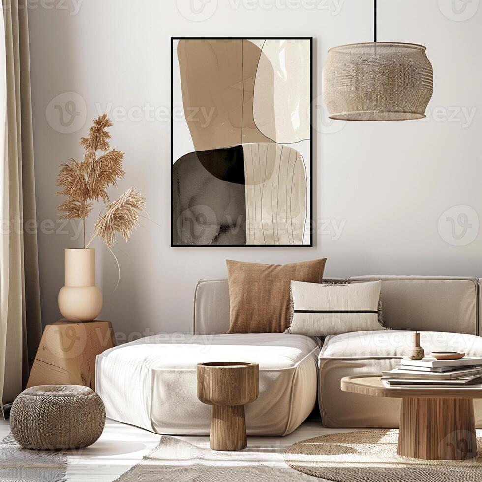 AI generated Frames mockup with picture space in the bedroom. Templates for decorating a room. Minimalist interior in rustic or boho style, Japanese style photo