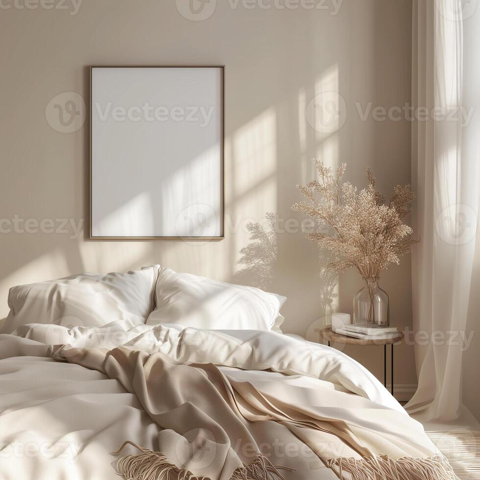 AI generated Frames mockup with picture space in the bedroom. Templates for decorating a room. Minimalist interior in rustic or boho style, photo
