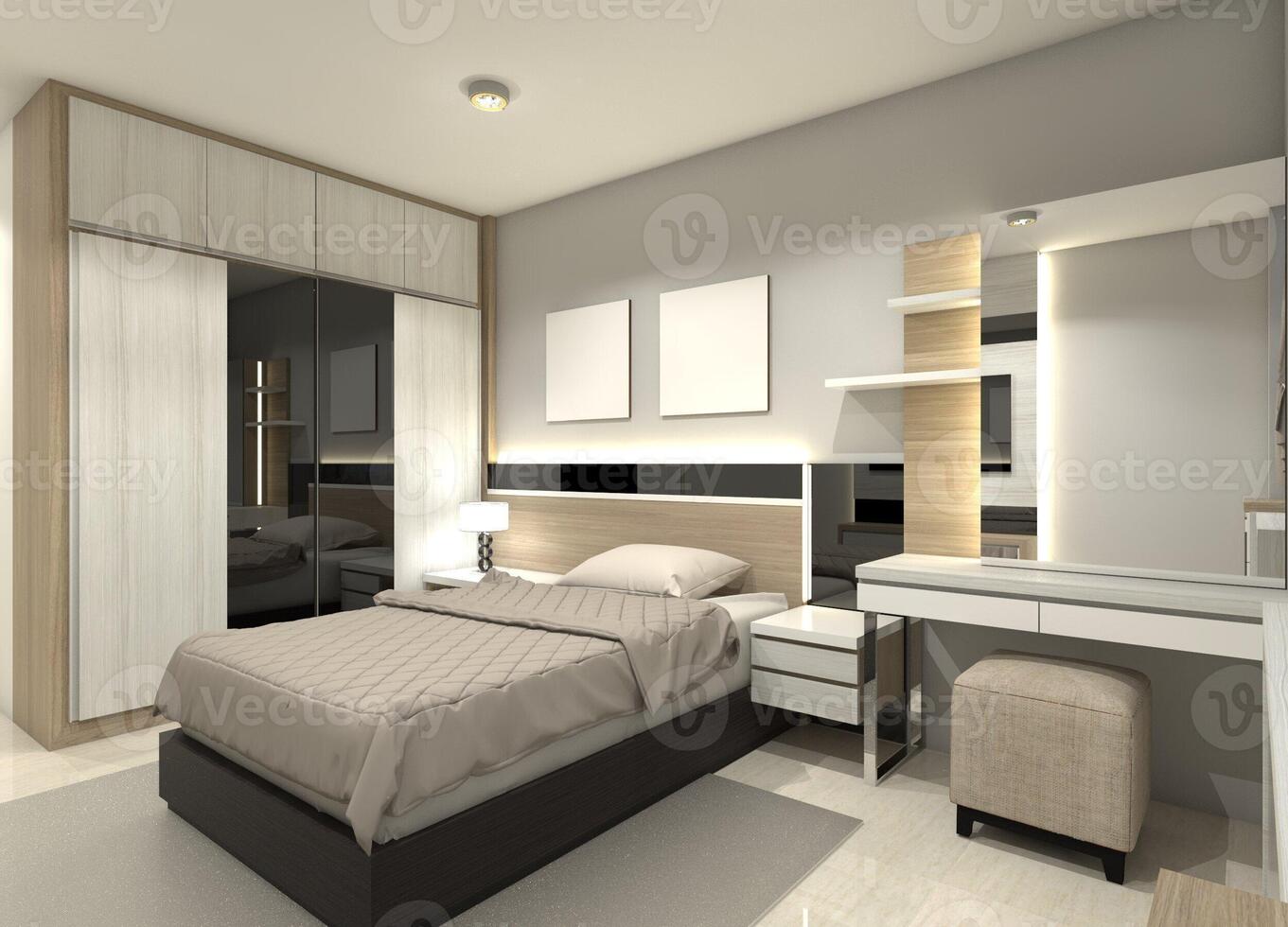 Modern Bedroom with Clothes Wardrobe, Minimalist Bed Frame and Dressing Table, 3D Illustration photo