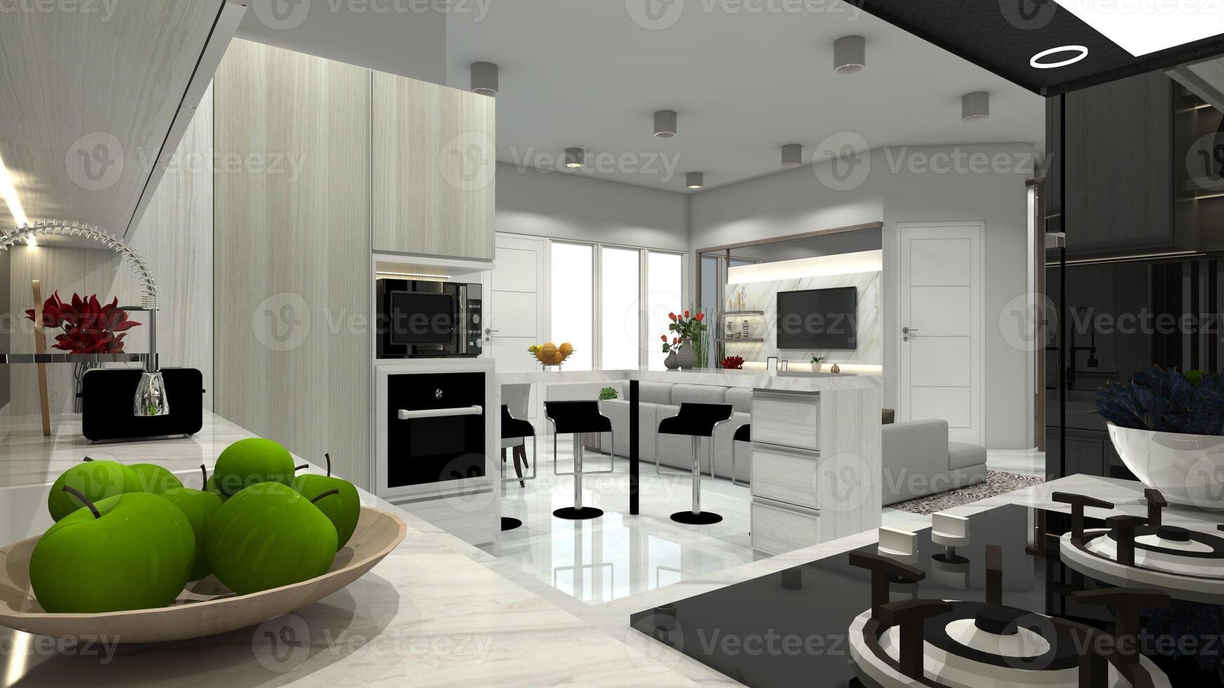 Luxury Counter Kitchen Area with Corner Bar Table Integrate with Living Room, 3D Illustration photo