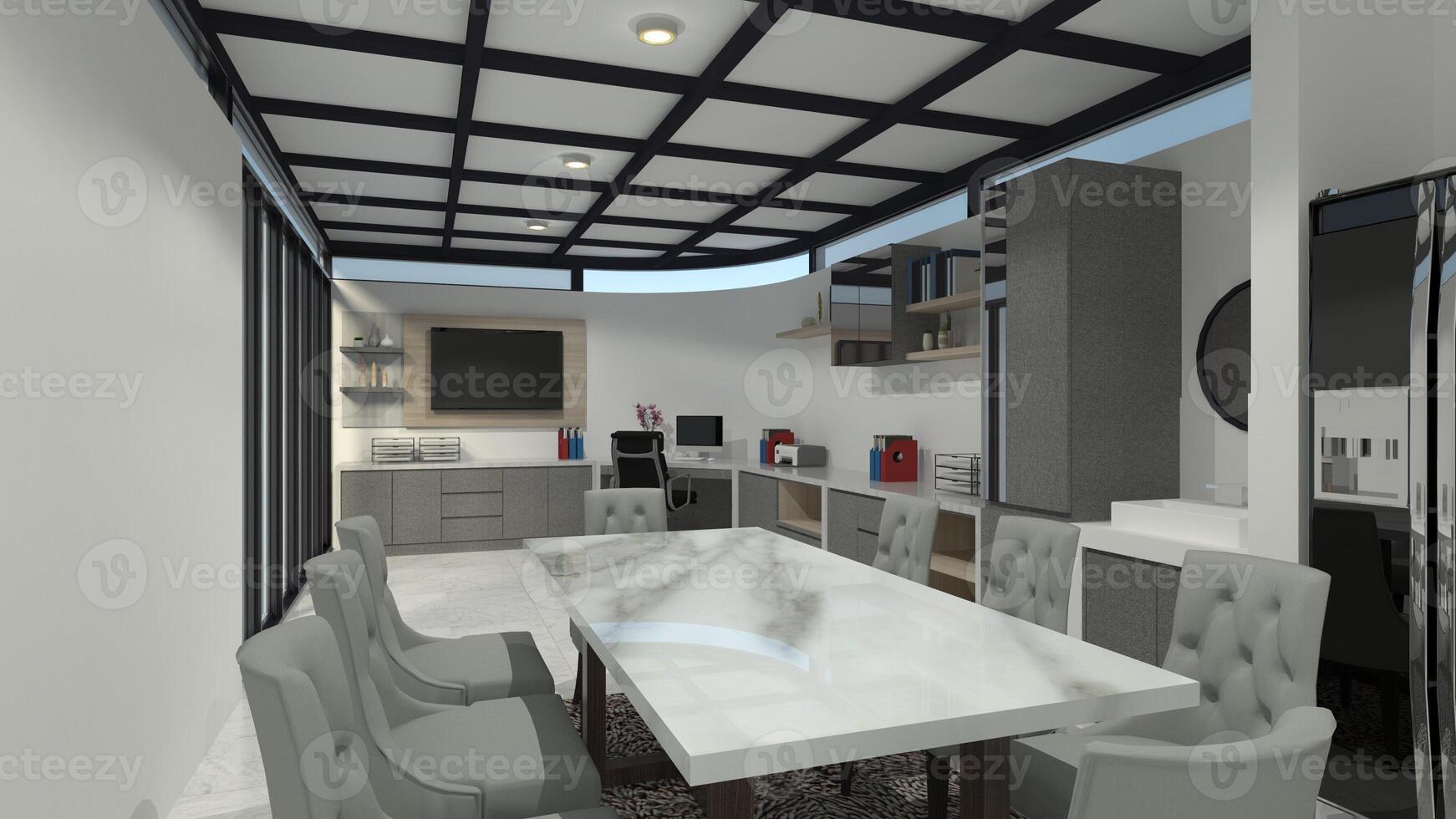 Luxury Dining Room Design Integrate with Workspace Area, 3D Illustration photo