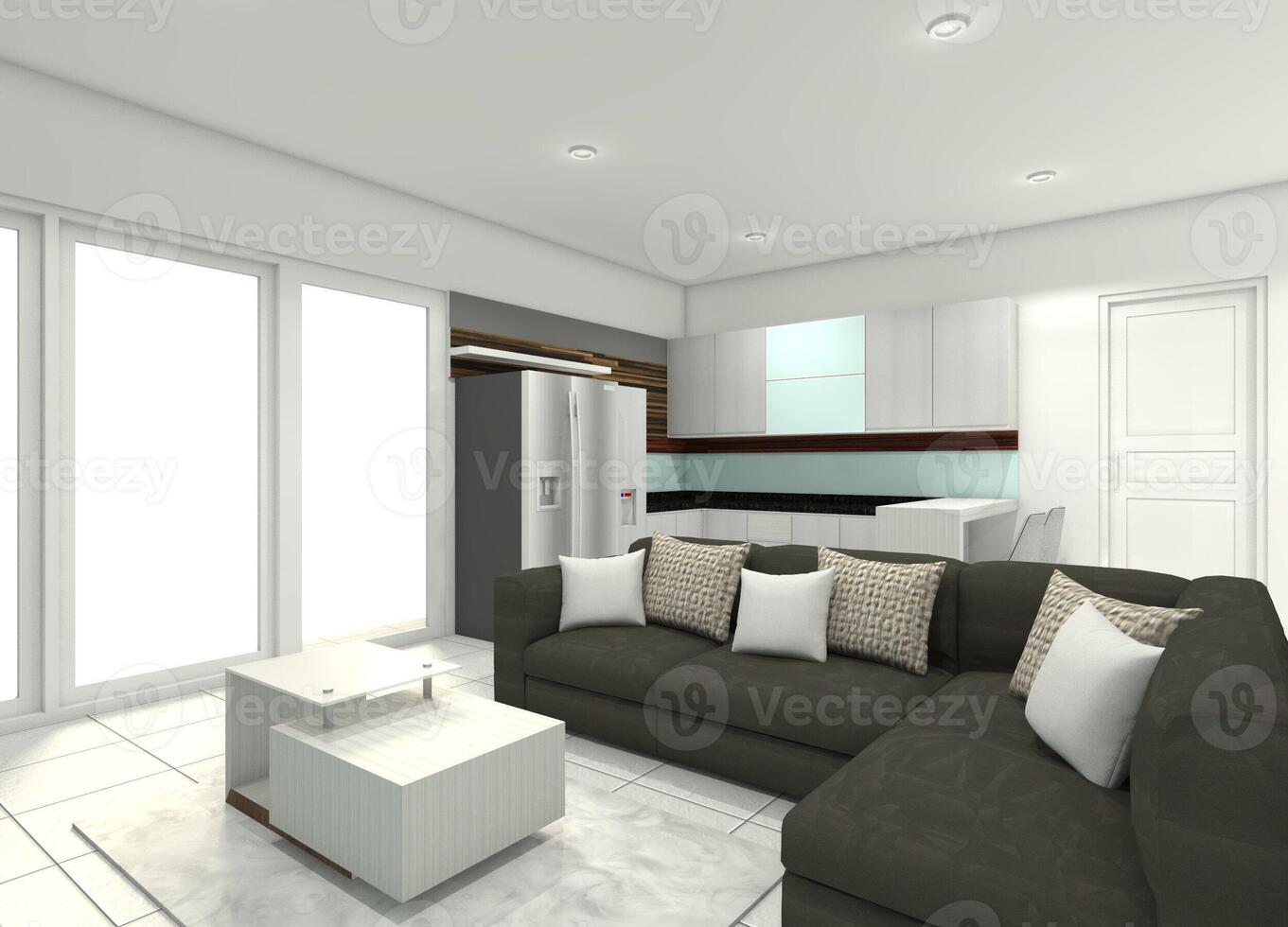 Minimalist Cushion Sofa and Coffee Table with Kitchen at the Back, 3D Illustration photo