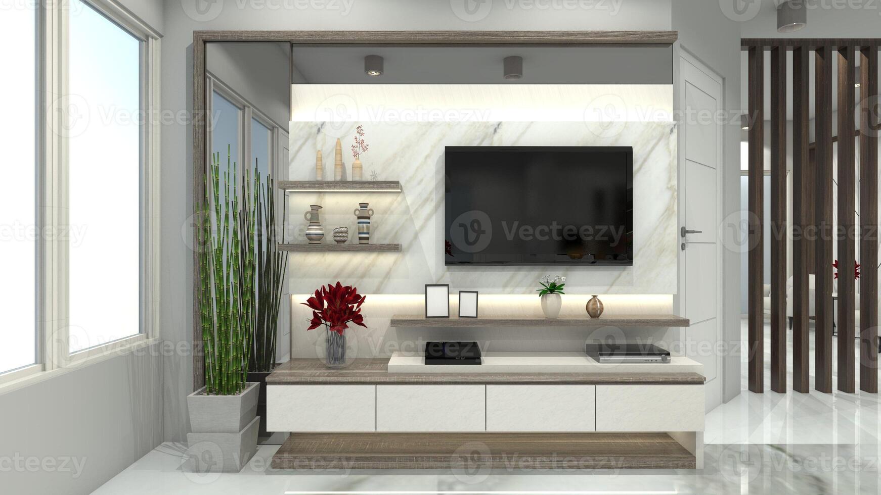 Luxury TV Cabinet Design with Minimalist Table and Panel Rack Display, 3D Illustration photo
