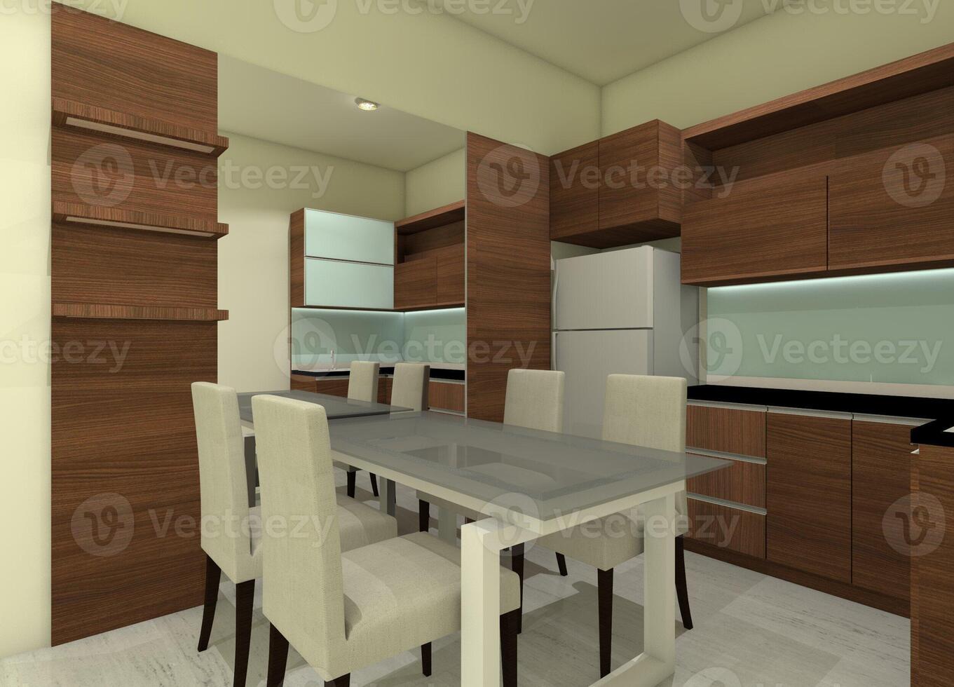 Rustic Kitchen Cabinet Design with Set Dining Table and Armchair, 3D Illustration photo