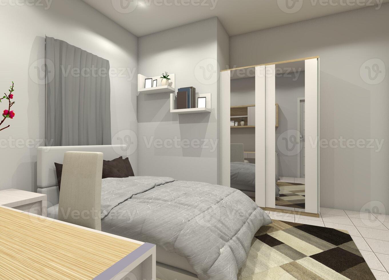Modern and Comfortable Bedroom Design with Clothes Wardrobe Cabinet, 3D Illustration photo