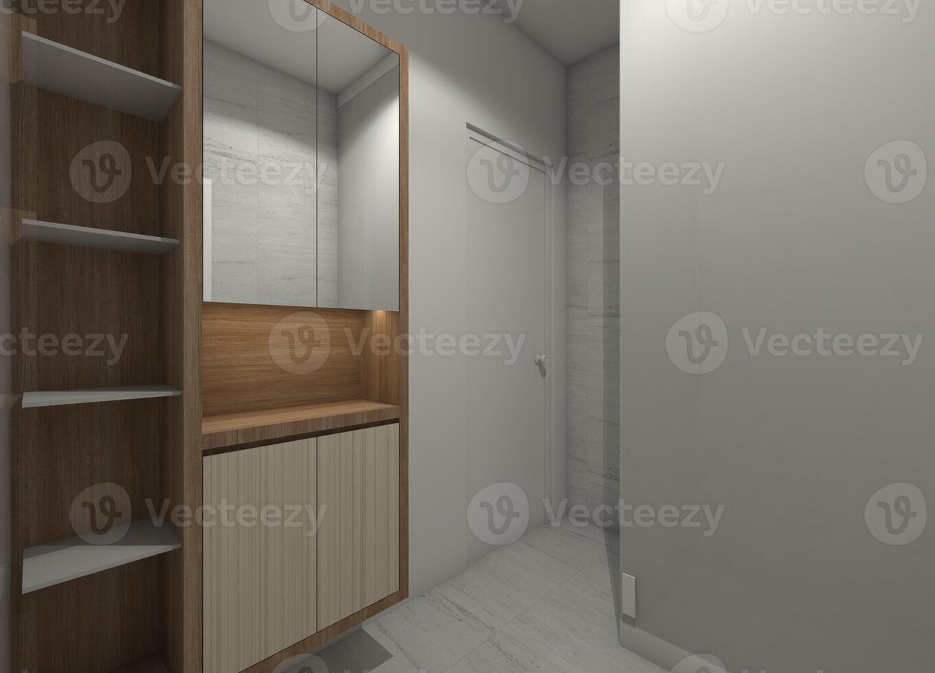 Storage Cabinet Design with Rack Display and Mirror Door Ornament, 3D Illustration photo