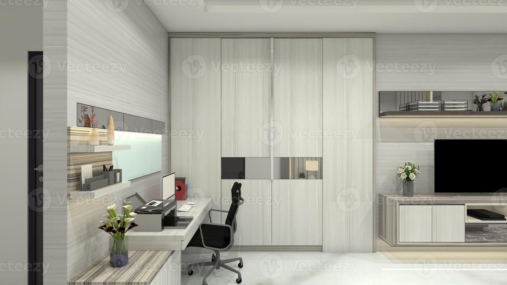 Minimalist Work Desk Design with Drawer Cabinet, Display Rack and Storage Wardrobe, 3D Illustration photo