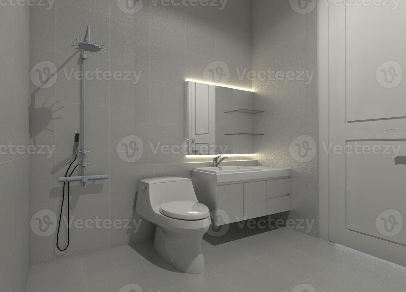 Interior Bathroom with Sink Cabinet and Shower Area, 3D Illustration photo