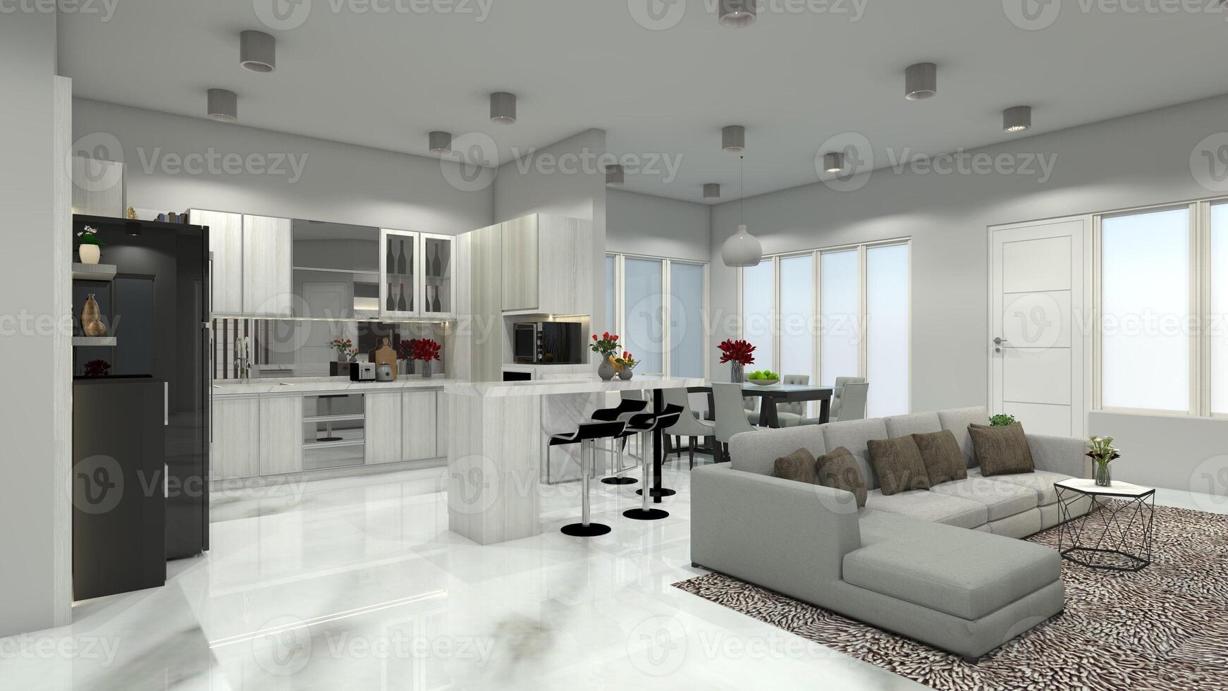 moderno y lujo interior casa con viviendo, cocina y comida habitación, 3d ilustración foto