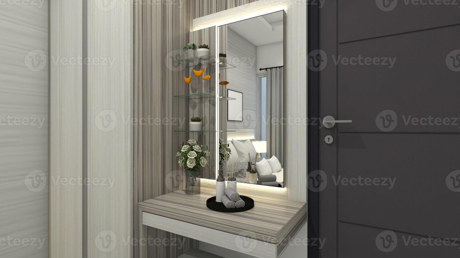 Modern and Minimalist Makeup Table with Mirror Panel and Shelving Rack, 3D Illustration photo