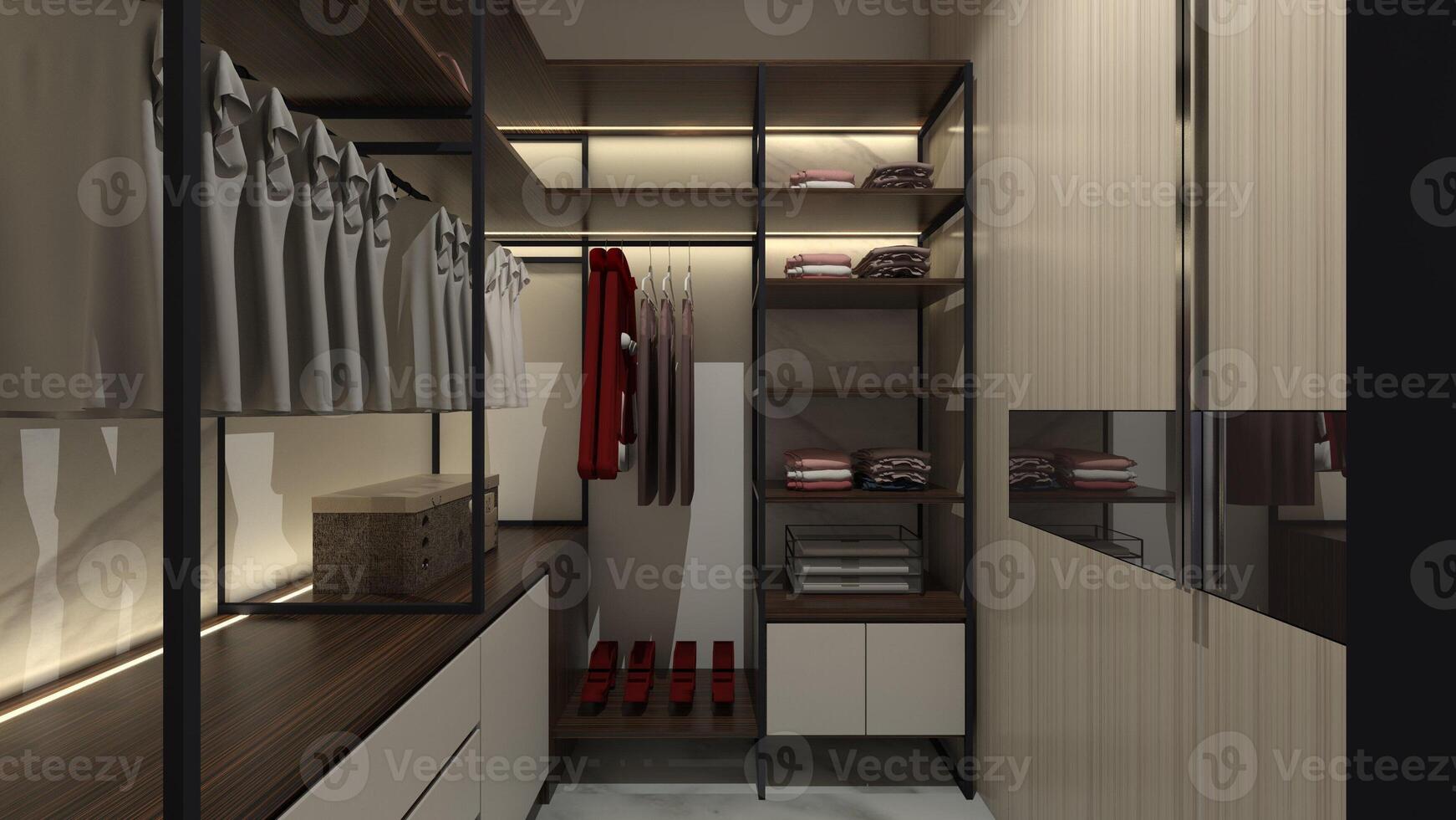 Interior Design of Clothes Rack Display Cabinet with Drawer Storage, 3D Illustration photo