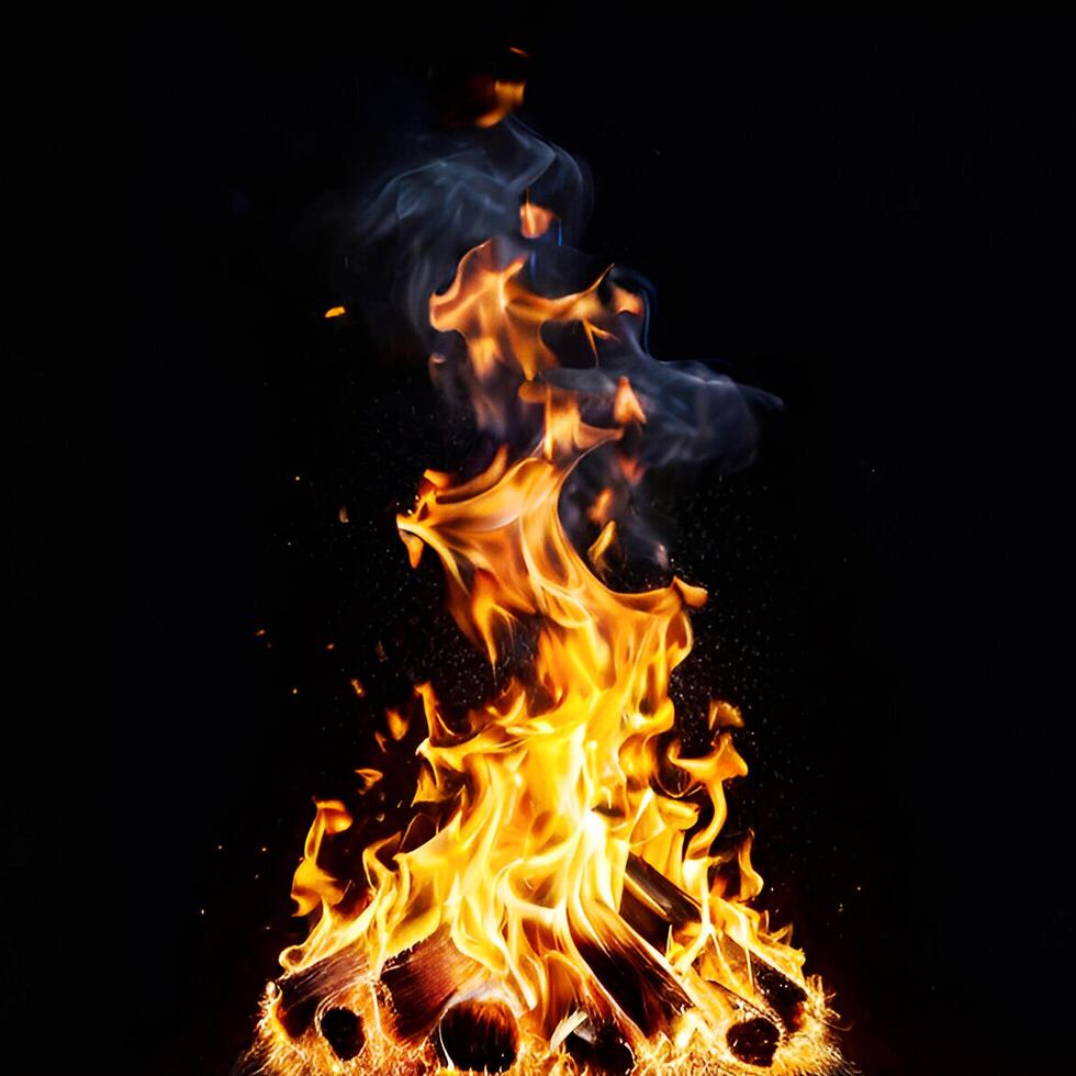 AI generated Realistic Fire Flames with smoke black background. Realistic fire flame effect photo