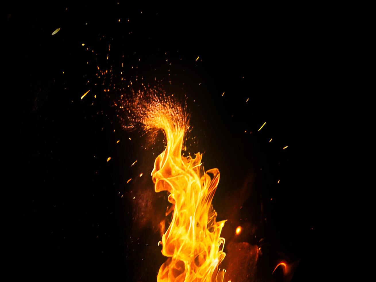 AI generated Realistic Isolated Fire Effect For Decoration on Black Background. Burning Fire Flame with Particles photo