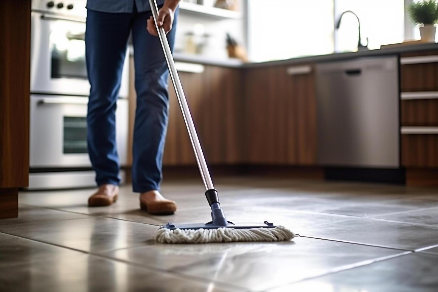 AI generated Butler using a mop in the kitchen.Generative Ai. photo