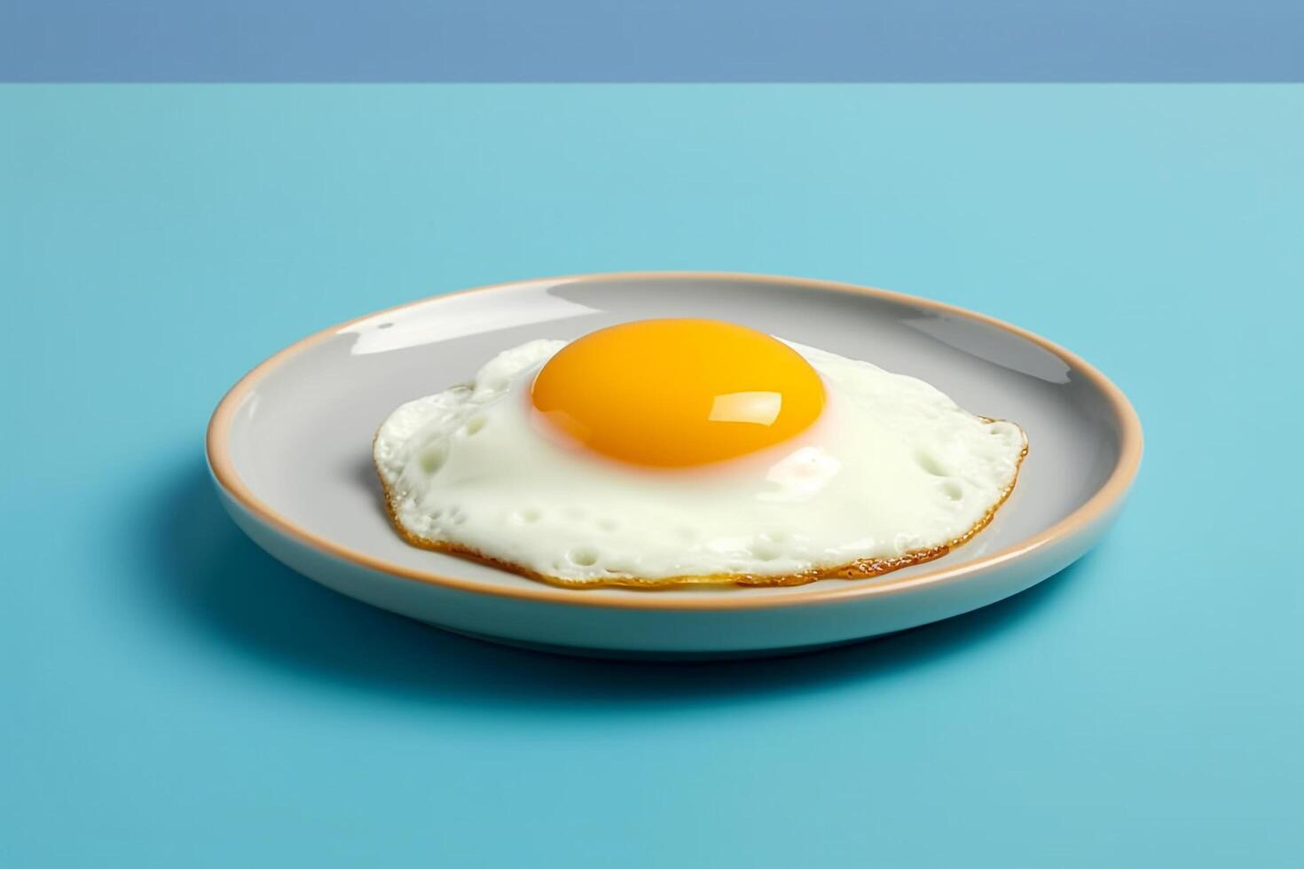 AI generated Fried egg on ceramic plate on blue background.Generative Ai. photo