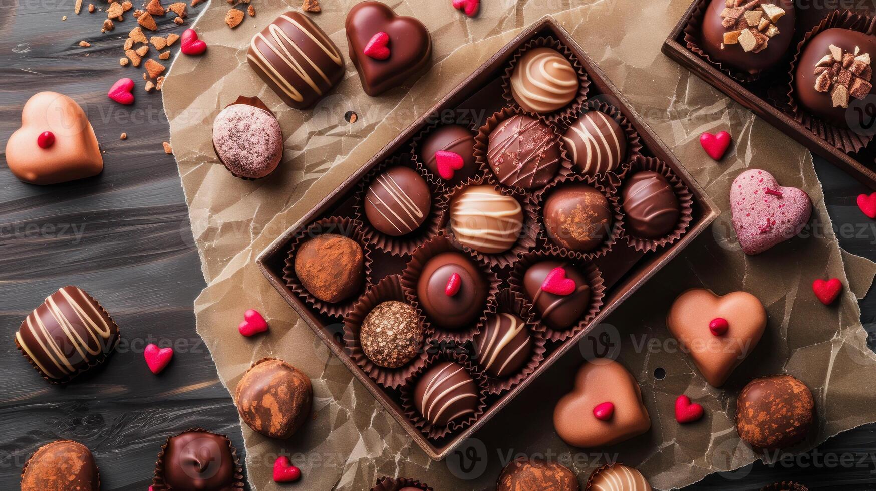 AI generated illustration of a box with glazed chocolate pralines with some small pink hearts photo