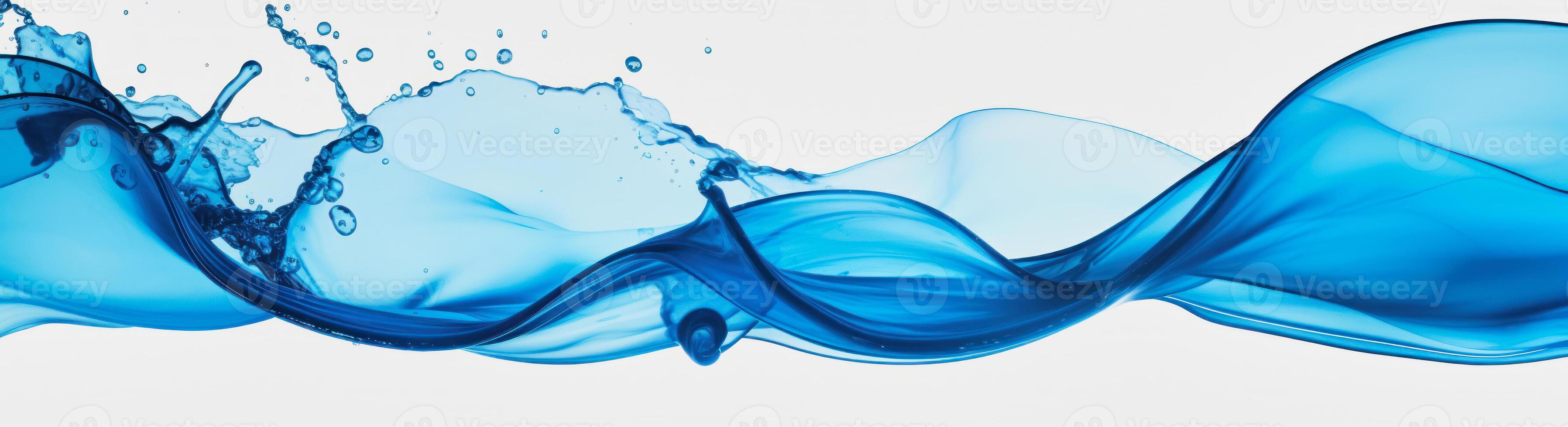 AI generated illustration of a blue liquid with splashes against white background in banner size photo