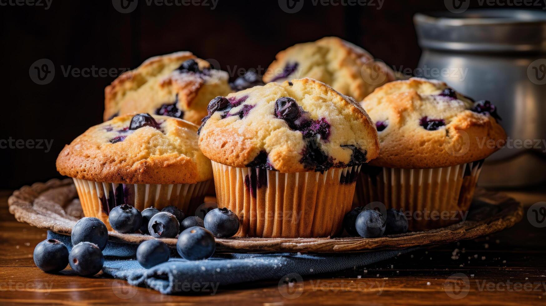 AI generated illustration of blueberry muffins on a plate photo