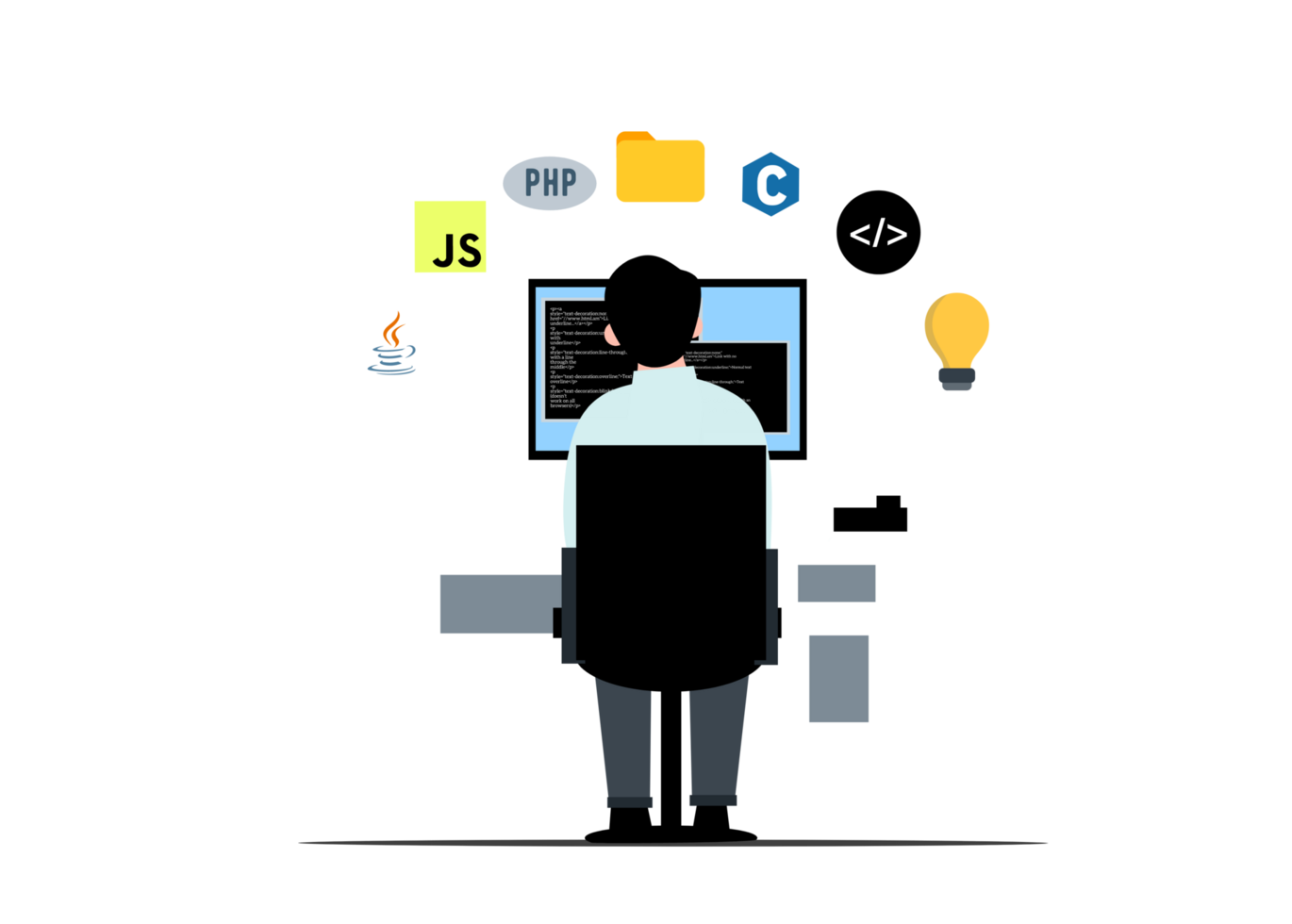 a programmer sitting at a desk with a computer and icons around him png