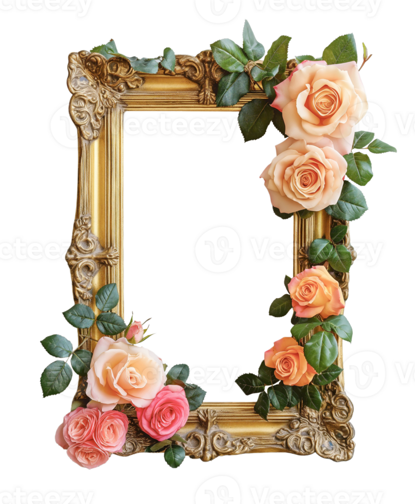 AI generated Golden rectangle photo frame intertwined with roses, Decorative your picture with floral vintage style, AI generated, PNG transparent