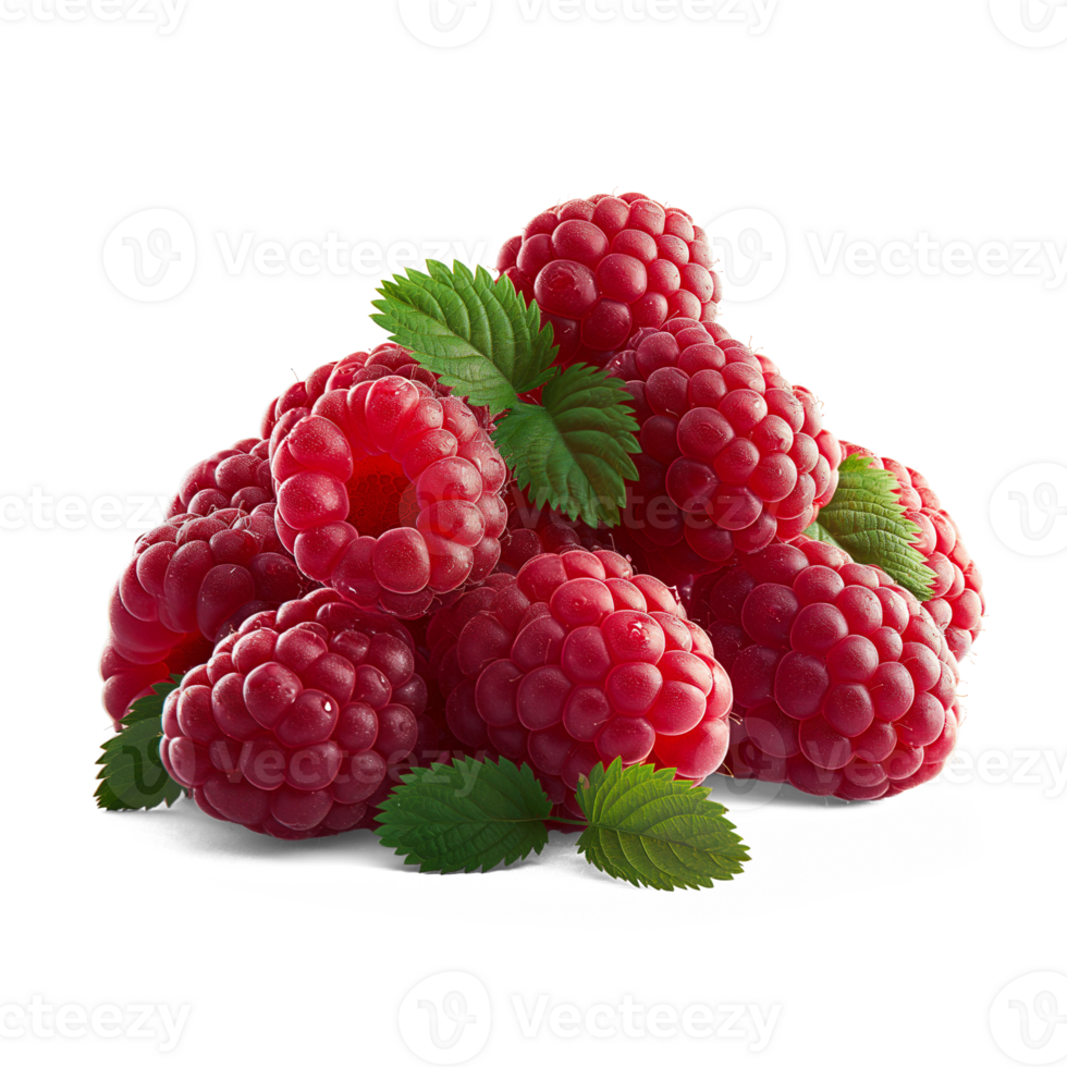 AI generated Raspberries with Raspberry leaves on the floor, Healthy organic berry natural ingredients concept, AI generated, PNG transparency with shadow