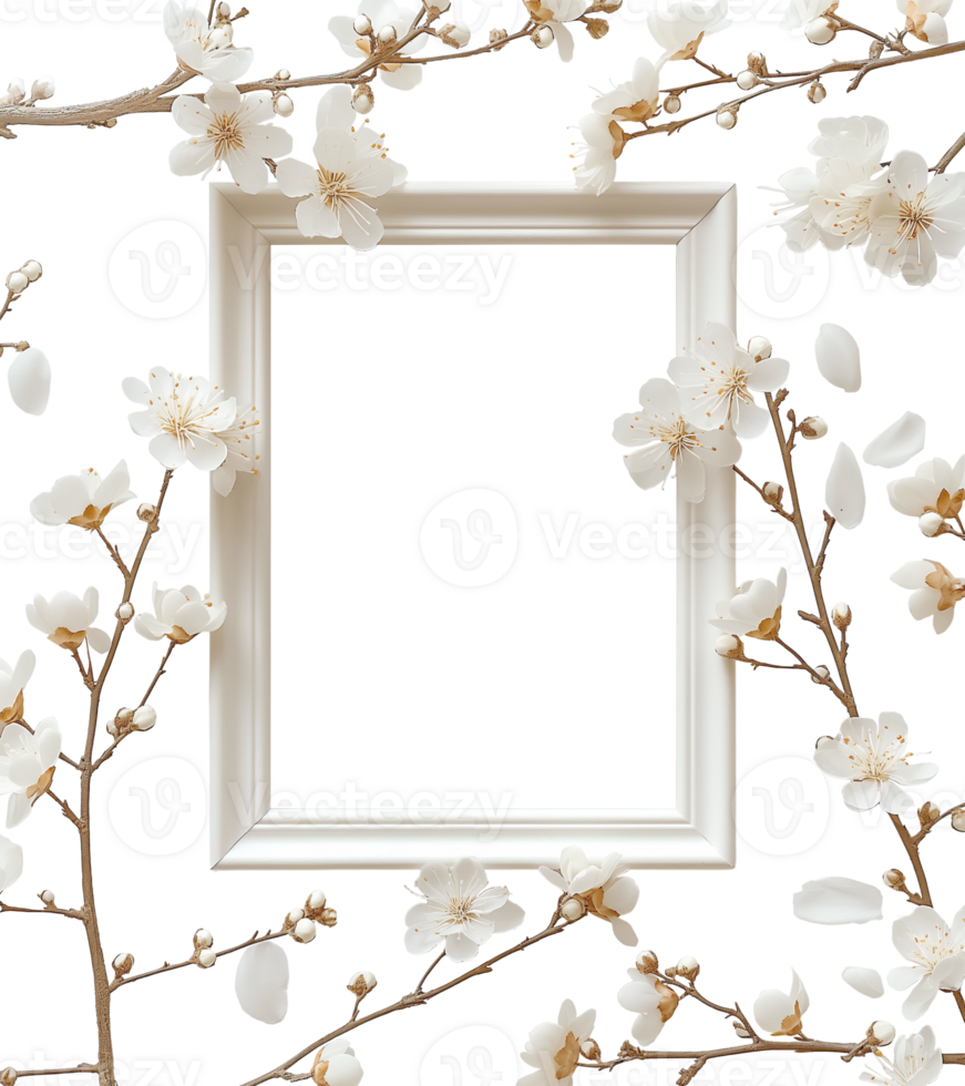 AI generated Vertical photo frame with a white cherry blossom, Decorative your picture with floral vintage style, AI generated, PNG transparent
