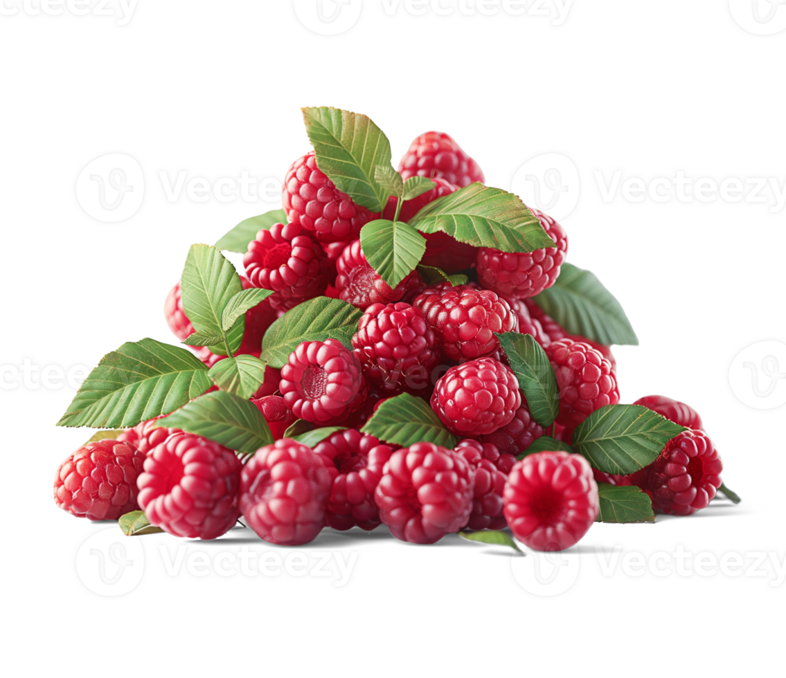 AI generated Raspberries with Raspberry leaves on the floor, Healthy organic berry natural ingredients concept, AI generated, PNG transparency with shadow