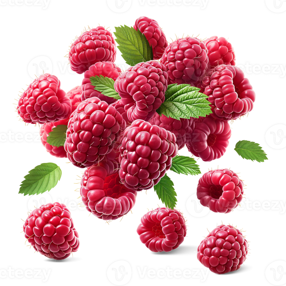 AI generated Ripe Raspberry falling in air with Raspberry leaves, Healthy organic berry natural ingredients concept, AI generated, PNG transparency with shadow