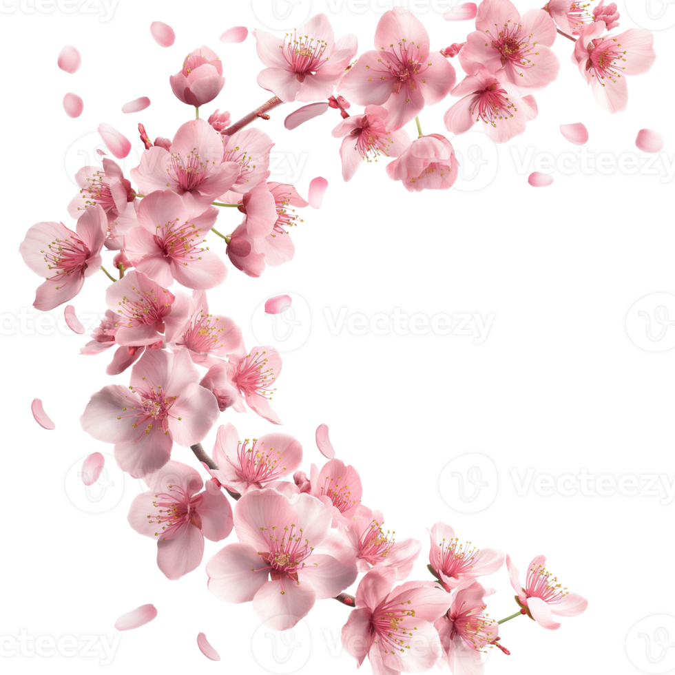 AI generated Pink cherry blossom with cherry petal falling in the air, Beautiful japanese sakura flower in nature concept, AI generated, PNG transparent