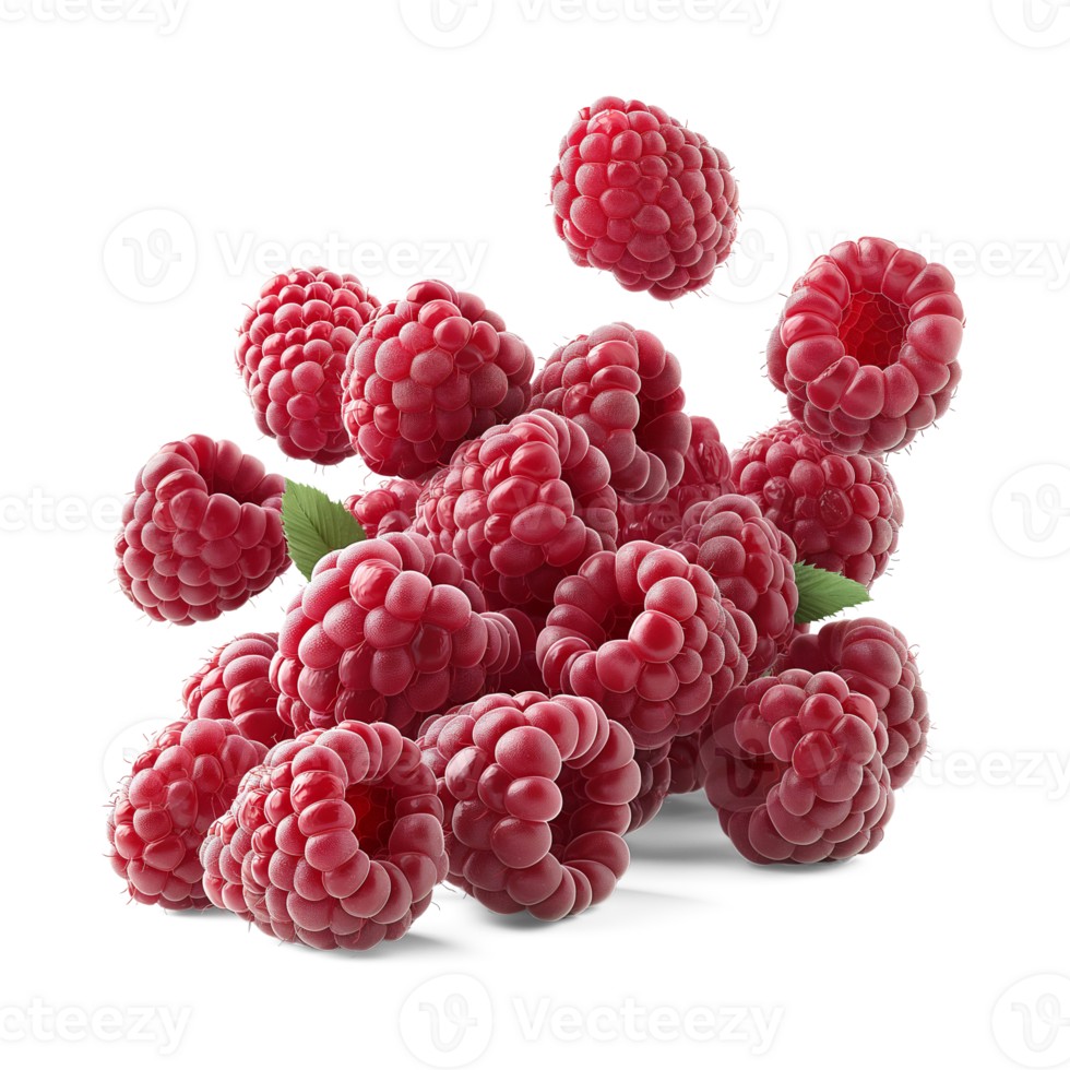 AI generated Ripe Raspberry falling in air with Raspberry leaves, Healthy organic berry natural ingredients concept, AI generated, PNG transparency with shadow