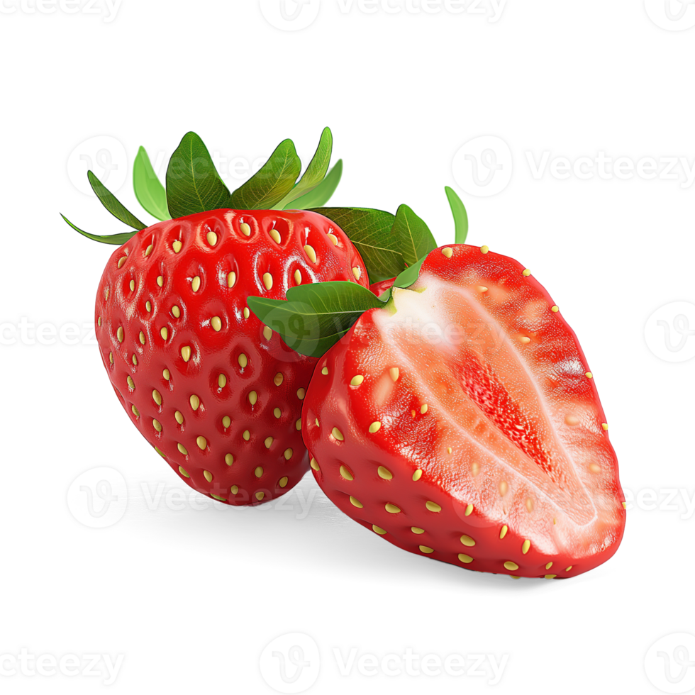 AI generated Strawberries with strawberries leaves on the floor, Healthy organic berry natural ingredients concept, AI generated, PNG transparency with shadow