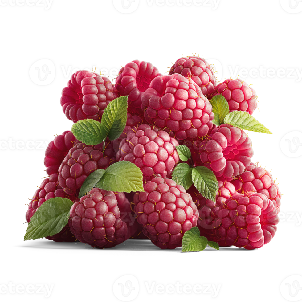 AI generated Raspberries pile with Raspberry leaves on the floor, Healthy organic berry natural ingredients concept, AI generated, PNG transparency with shadow