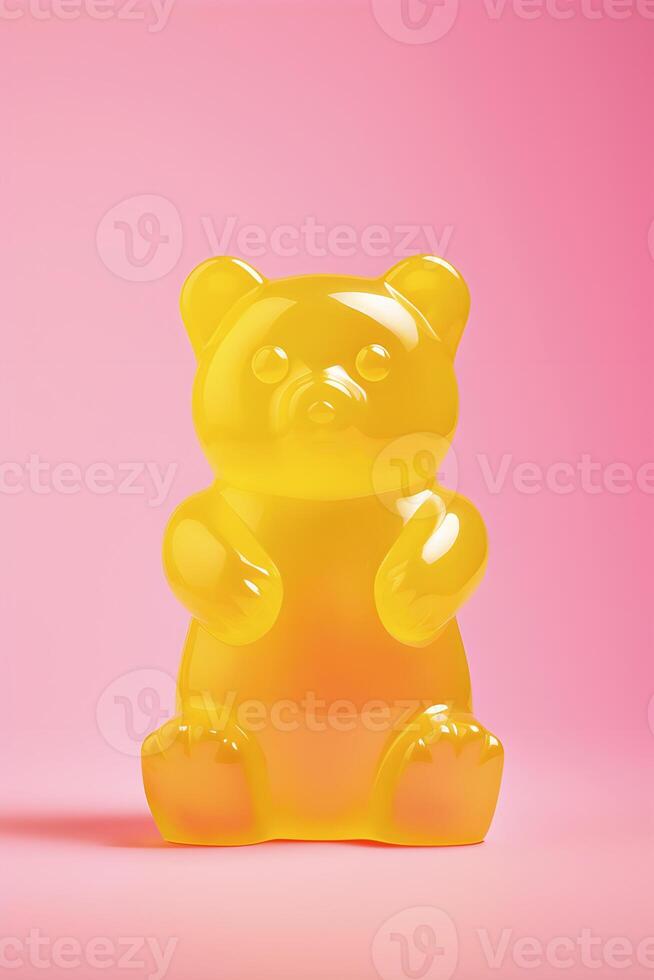 AI generated Large yellow vitamin gummy bear on a pink background. AI generated photo