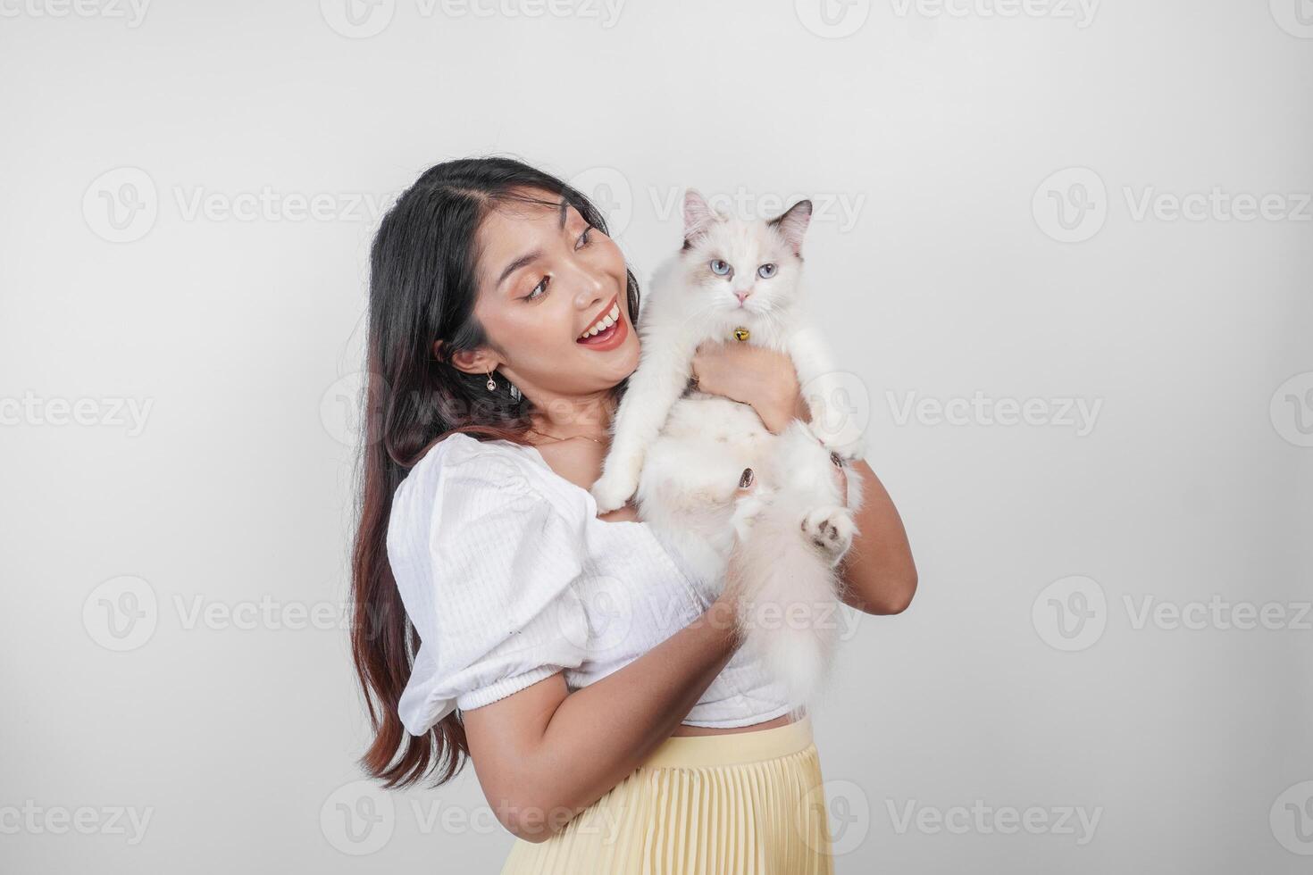 retrato de joven asiático mujer participación linda muñeca de trapo gato con azul ojos. hembra abrazando su linda largo pelo gatito aislado por blanco antecedentes. adorable Doméstico mascota concepto. foto