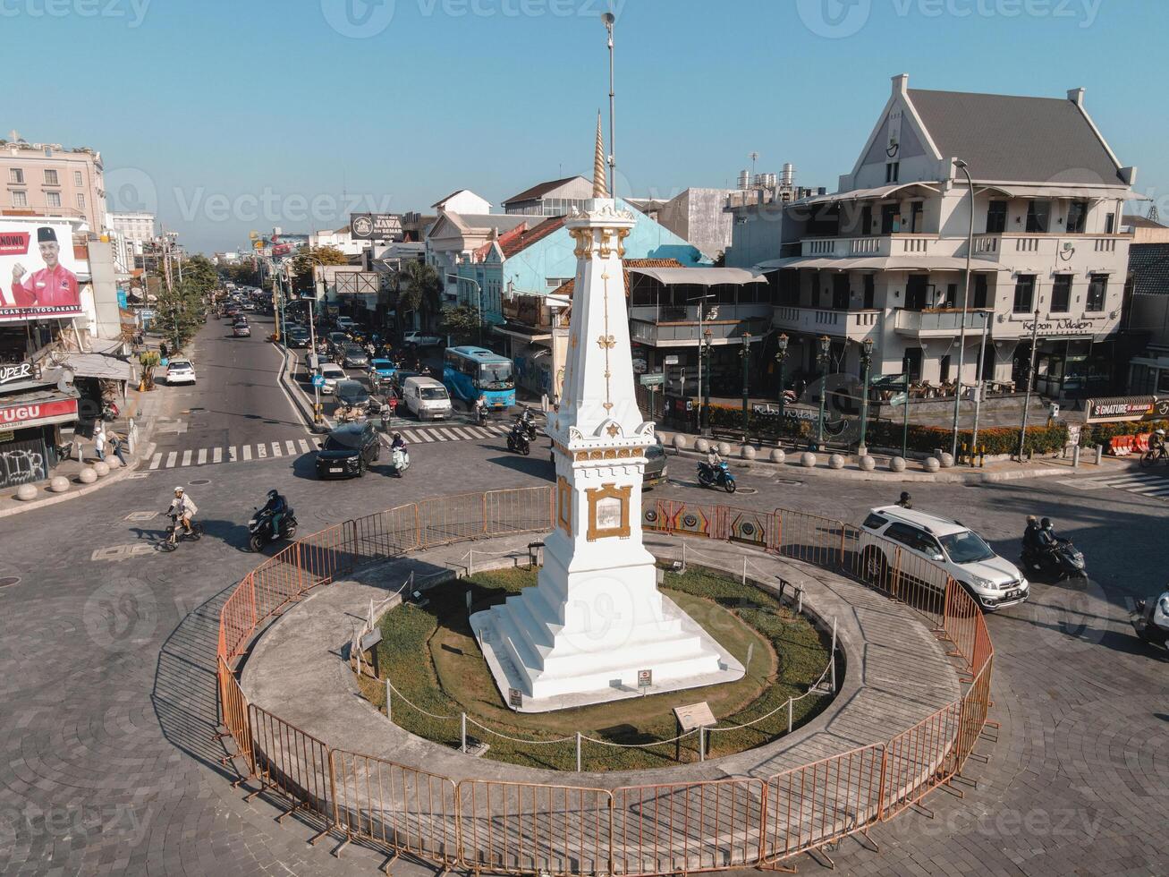 Aerial view of Tugu Yogyakarta Landmark with busy traffic. photo