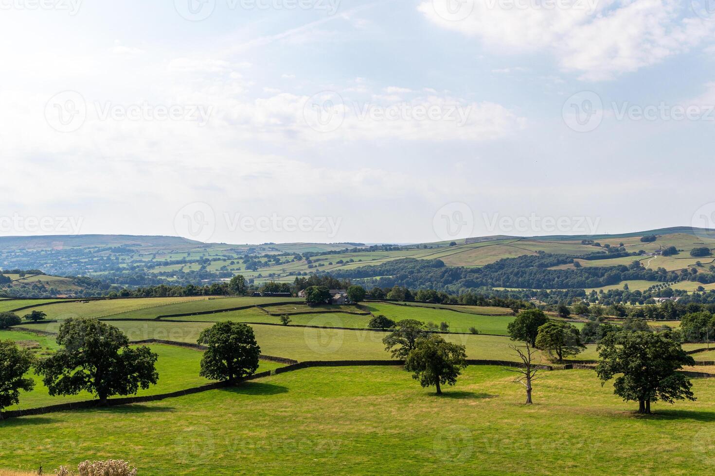 Idyllic countryside landscape with rolling hills, green fields, and scattered trees under a blue sky with fluffy clouds. photo