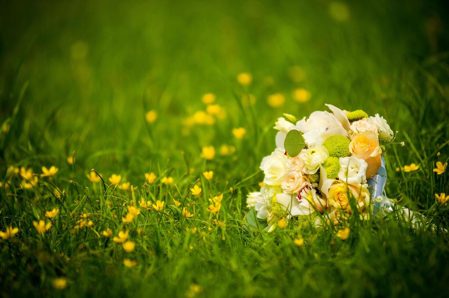 Boda ramo de flores de oferta ligero rosas en césped en verano. natural antecedentes de verde césped con amarillo flores silvestres y Fresco Boda ramo. espacio para texto. foto