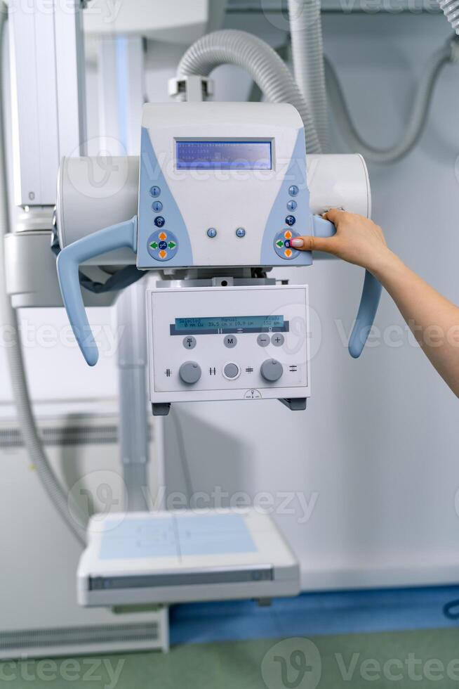 Sterile modern emergency equipment in white clinic room. Computer devices for surgery. photo