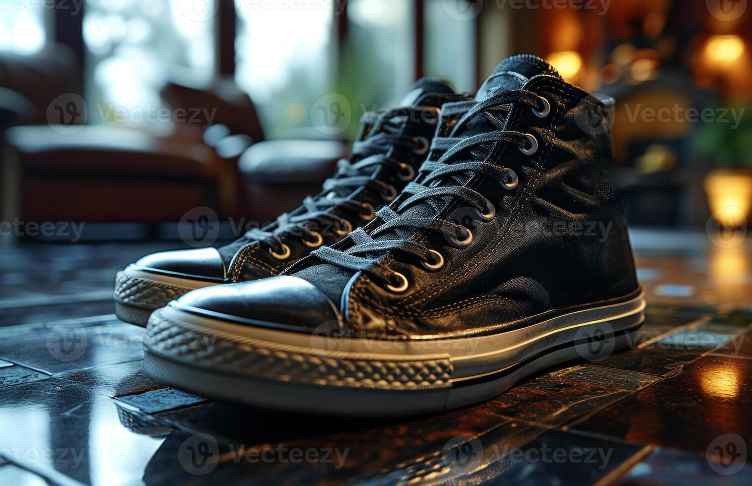 AI generated A black mens sneaker with white soles. A pair of black sneakers is seen placed on top of a table, creating a striking visual contrast. photo