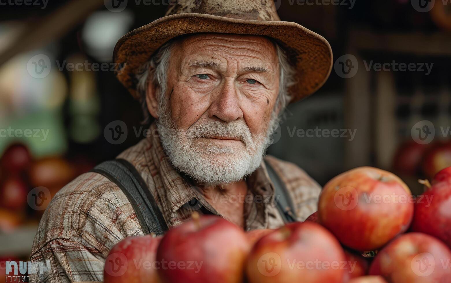 AI generated Old farmer with apples at the market. Retired farmer picking up a box of apples photo