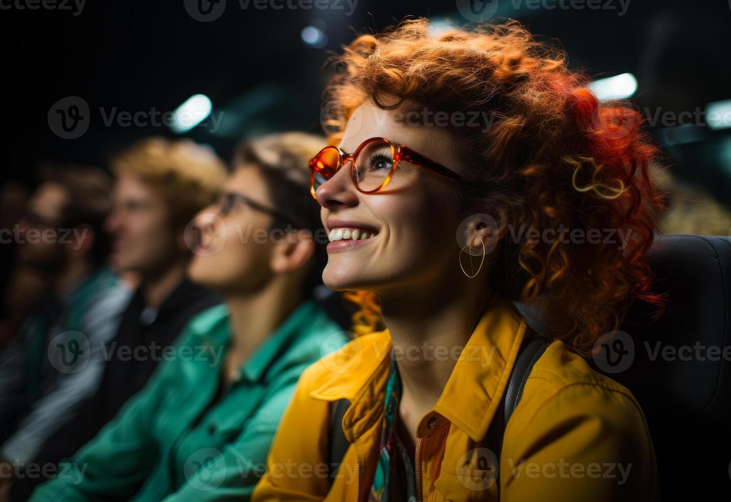 AI generated Young woman is watching movie in the cinema. photo