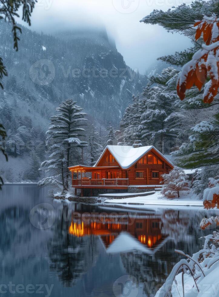 AI generated Cabin is covered in snow and surrounded by trees and mountains. Snow covered cabin near a lake photo