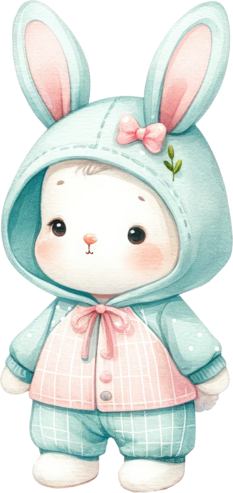 AI generated Cute bunny dressed in a cozy hoodie, showcasing a soft, pastel-themed aesthetic perfect for Easter png